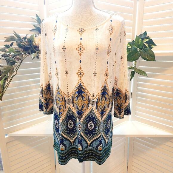 CHICOS GEOMETRIC TEAL BROWN TUNIC SIZE 2P (LARGE) - Picture 1 of 6